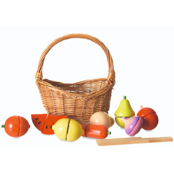 Pre-cut Fruit and Vegetables set with Knife in Wicker Basket